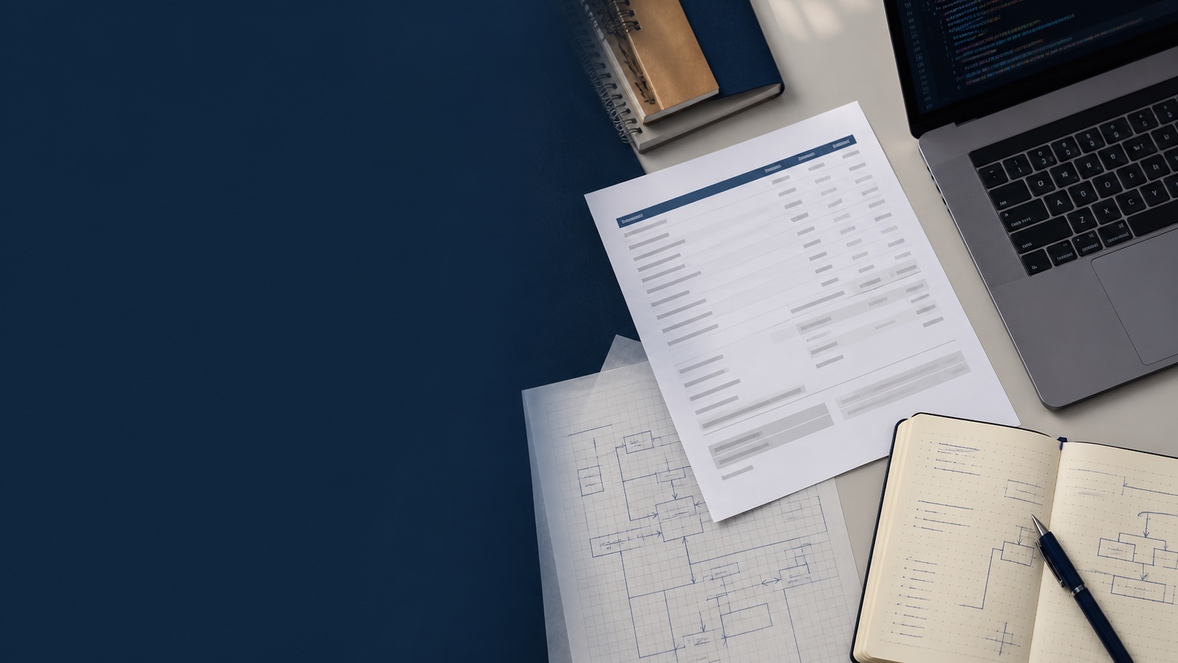 An invoice, engineering notebook, and laptop arranged on a deep navy work surface